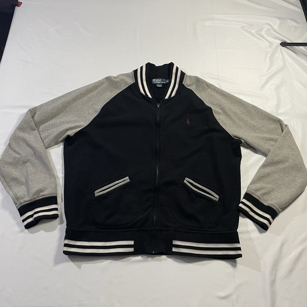 Vtg Polo Ralph Lauren Varsity Jacket Mens XXL Black Gray Fleece Bomber Zip Pony